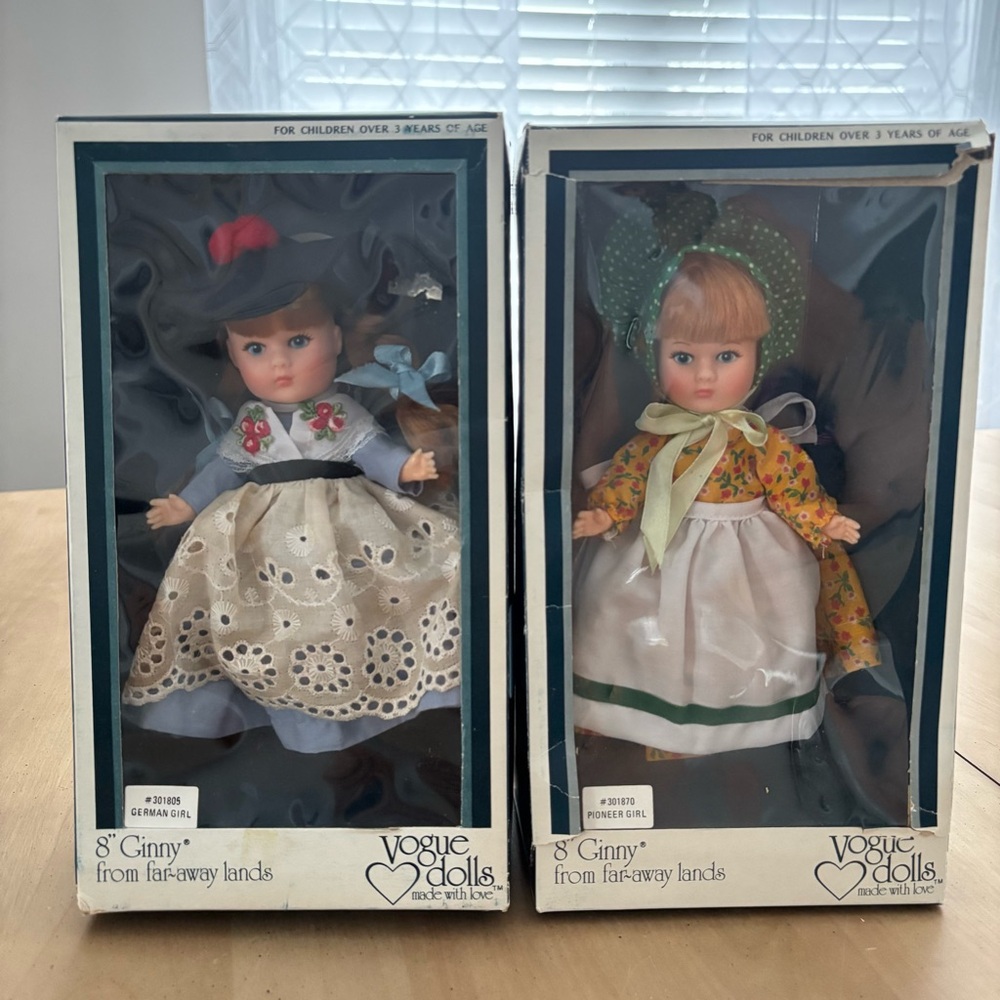 VOGUE DOLLS. 1977 Vintage Pair of 8” Ginny Dolls. Pioneer Girl & German Girl.
